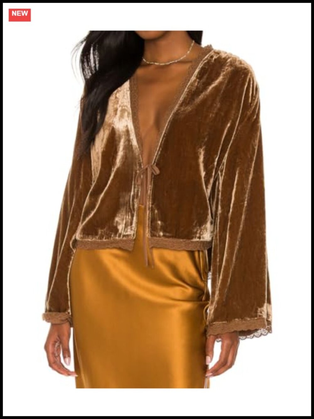 Velvet Kimono Cardigan Lace Trim Tie Front Bell Sleeve Loose Fit Short Coat